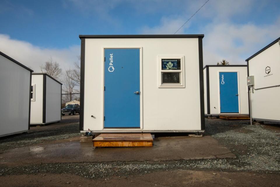 A pallet house camp is shown in Lower Sackville, N.S. on Wednesday, March 13, 2024