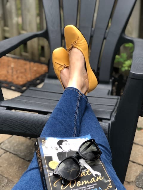 Everlane flats in Wheat. Book: Anne Sebba, "That Woman." Sunglasses: Le Specs, Bandwagon. 