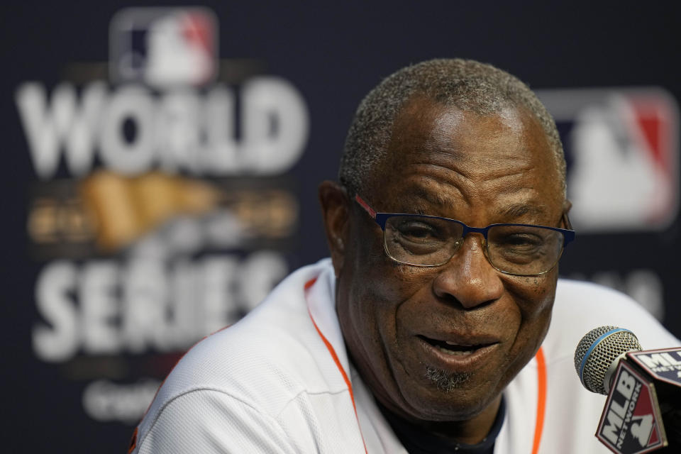 Houston Astros manager Dusty Baker Jr. ahead of Game 1 of the baseball World Series between the Houston Astros and the Philadelphia Phillies on Thursday, Oct. 27, 2022, in Houston. Game 1 of the series starts Friday. (AP Photo/Eric Gay)