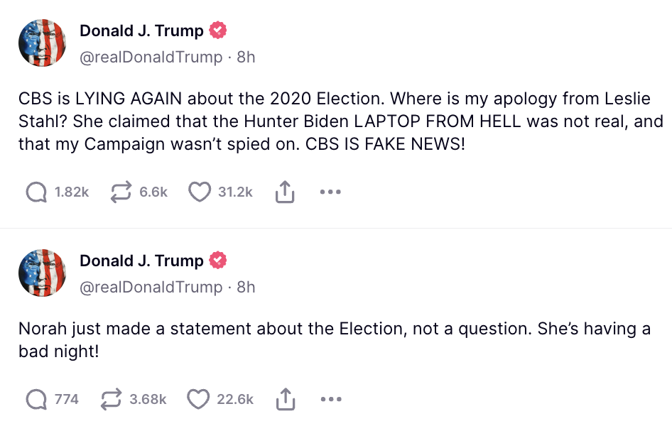 Tweets from Donald J. Trump criticizing CBS, Leslie Stahl, and Norah O'Donnell regarding the 2020 Election, Hunter Biden laptop, and claiming CBS is fake news