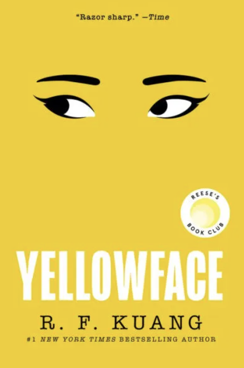 Book cover titled 'Yellowface' by R. F. Kuang. The cover features two eyes looking sideways on a plain background. A quote by Time appears at the top