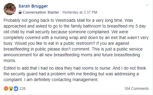 Nebraska mom said in a Facebook post that a security guard at the Westroads Mall suggested that she breastfeed in private. (Photo: Screenshot: KETV)