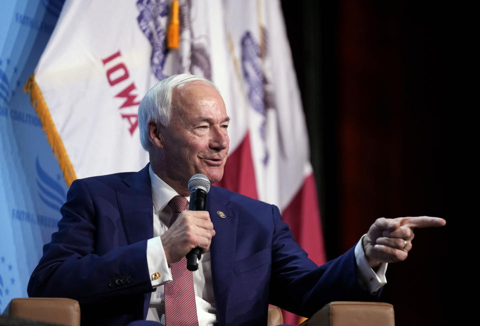 Republican presidential candidate and former Arkansas Gov. Asa Hutchinson speaks at the Iowa Faith & Freedom Coalition's fall banquet, Saturday, Sept. 16, 2023, in Des Moines, Iowa. (AP Photo/Bryon Houlgrave)