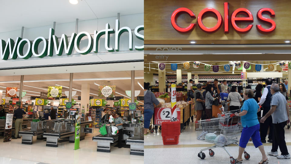 Woolworths shopfront on the left, and Coles' shopfront on the right.