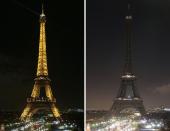 The illuminated Eiffel tower (L) and the Eiffel tower with lights switched off (R), in tribute to the 12 people killed the day before in an attack by two armed gunmen on Charlie Hebdo