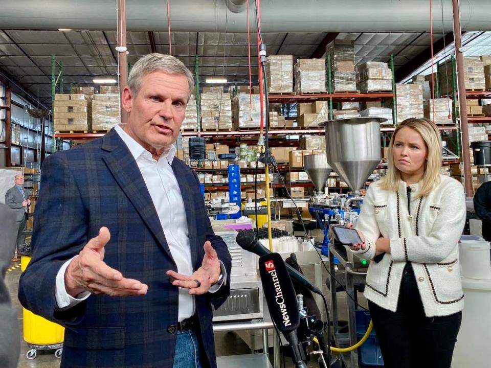 Gov. Bill Lee talks to reporters after a tour of Thistle Farms production facility at Cockrill Bend in Nashville on Jan. 4, 2024.