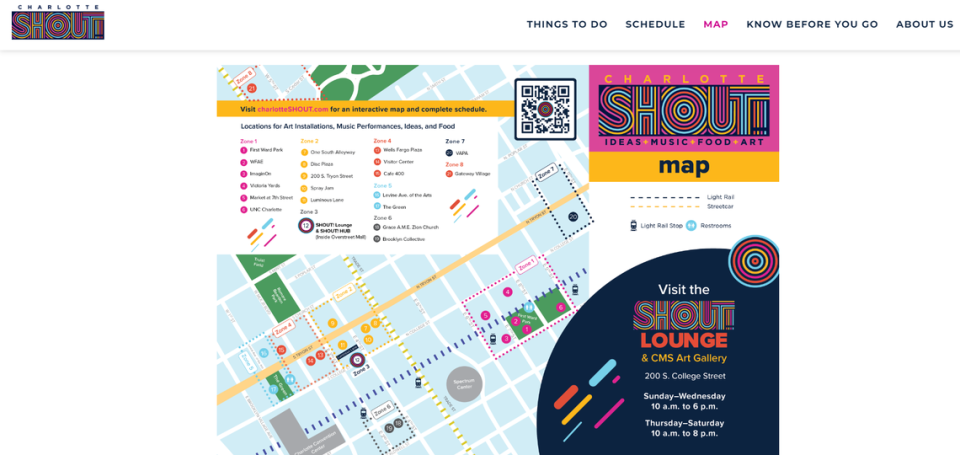 A map of locations for art installations, music performances and events during the 2024 CharlotteSHOUT! festival.