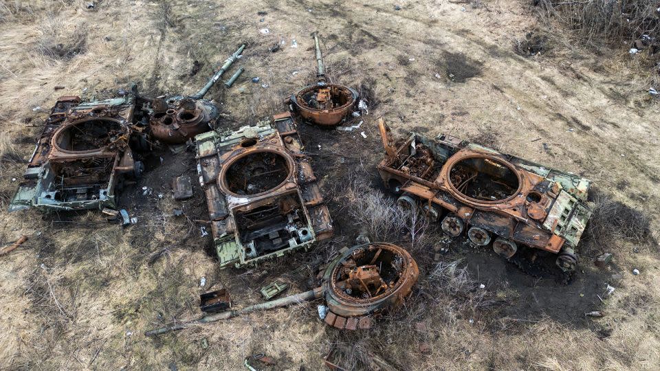 Destroyed Russian tanks near the village of Bohorodychne in the Donetsk region, Ukraine, on February 13, 2024. - Maxym Marusenko/NurPhoto/Reuters