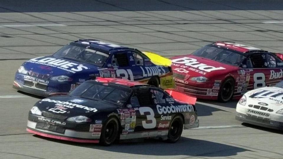 Dale Earnhardt (3) leads Mike Skinner and Dale Earnhardt Jr. during the Winston 500 at Talladega Superspeedway in 2000. Earnhardt won the race, his final victory before dying the next spring at the Daytona 500.