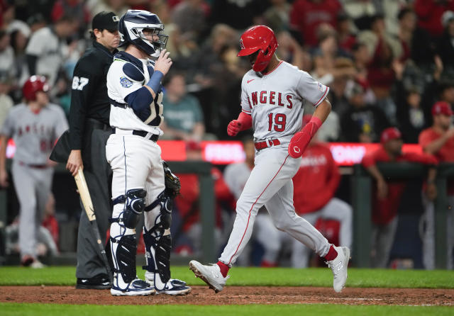 Los Angeles Angels' Logan O'Hoppe follows through on a single