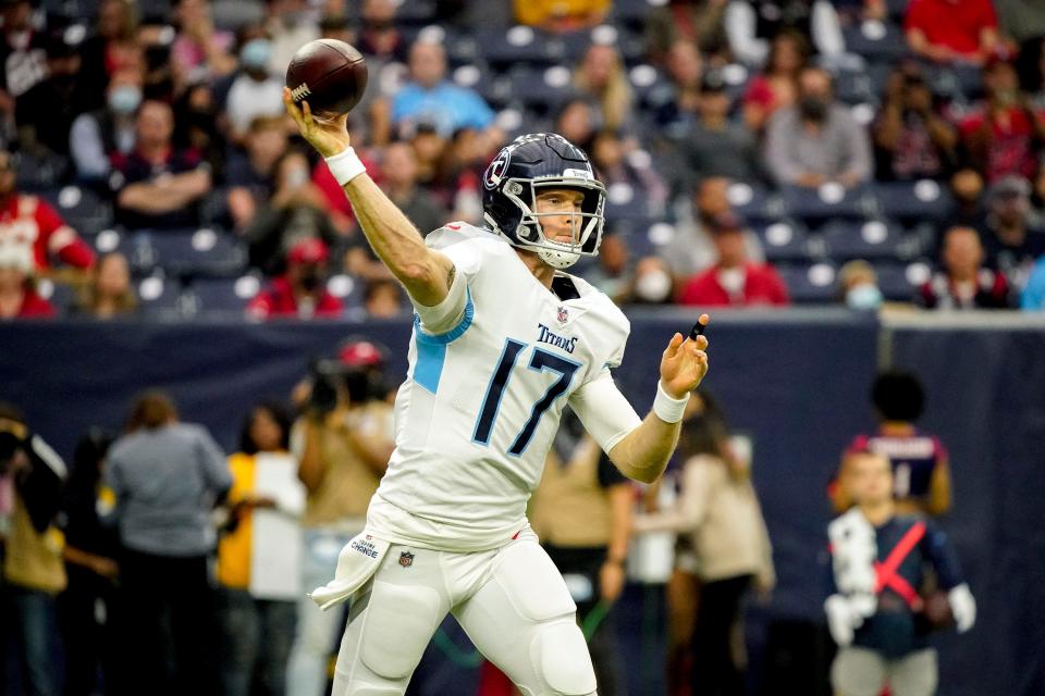 Tennessee Titans quarterback Ryan Tannehill (17) passes the ball during the first quarter at NRG Stadium Sunday, Jan. 9, 2022 in Houston, Texas.