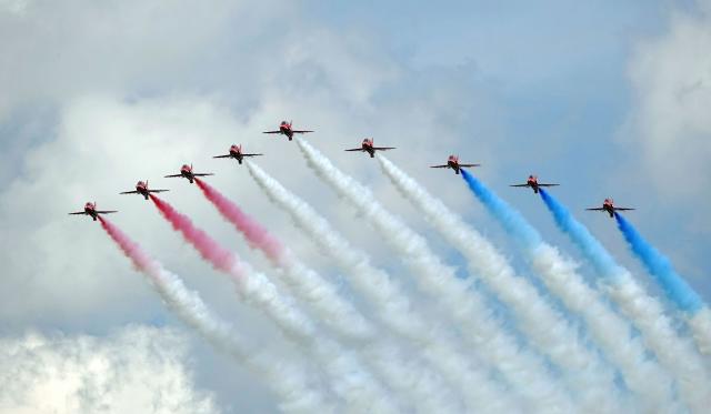 The Colorful Arrows RAF displays aircraft during the Queen&#x002019;s Platinum Jubilee flypast in London, UK
