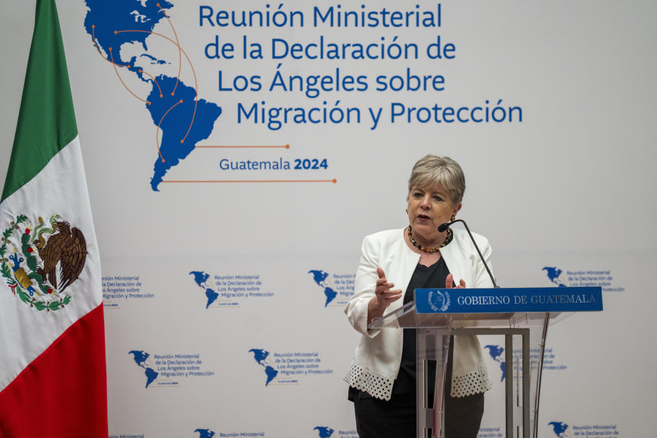 Mexico's Secretary of Foreign Affairs Alicia Barcena speaks during a press conference at the national palace in Guatemala City, Tuesday, May 7, 2024. Barcena is in Guatemala attending a regional meeting on irregular migration with U.S. Secretary of State Antony Blinken. (AP Photo/Moises Castillo)