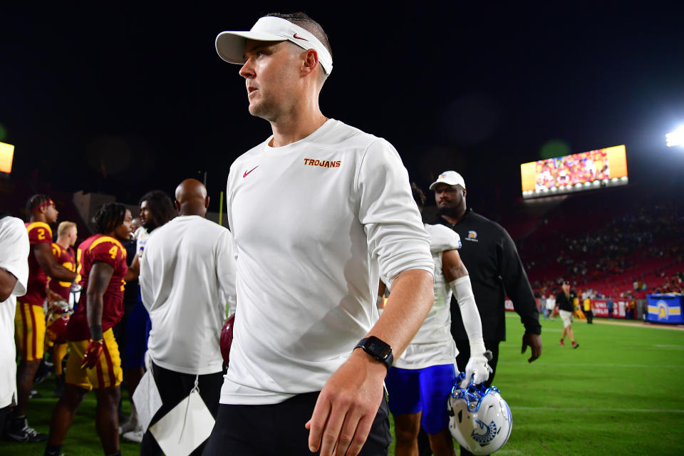 Aug 26, 2023; Los Angeles, California, USA; Southern California Trojans head coach Lincoln Riley following the victory against the San Jose State Spartans at Los Angeles Memorial Coliseum. Mandatory Credit: Gary A. Vasquez-USA TODAY Sports