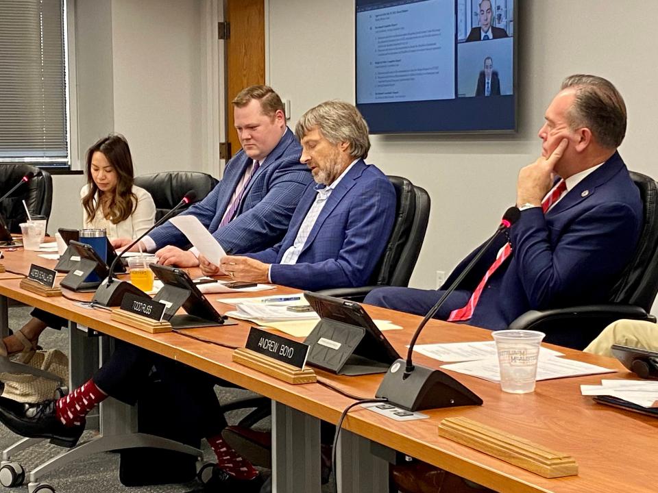 Trustee Andy Schallhorn reads from a motion to take a financial exemption from a new banking law at an Aug. 23 meeting of the Oklahoma Public Employees Retirement System board in Oklahoma City.