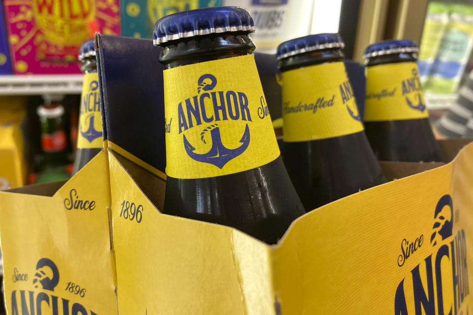 FILE - A pack of Anchor Brewing Co. steam beer is photographed at a store in San Francisco, Wednesday, July 12, 2023. A spokesman for Anchor Brewing says the company is open to a purchase offer from its employees but warned that time is running out. The 127-year-old San Francisco-based trailblazer of craft beers stunned beer lovers earlier in July when it announced it would cease operations. (AP Photo/Jeff Chiu,File)