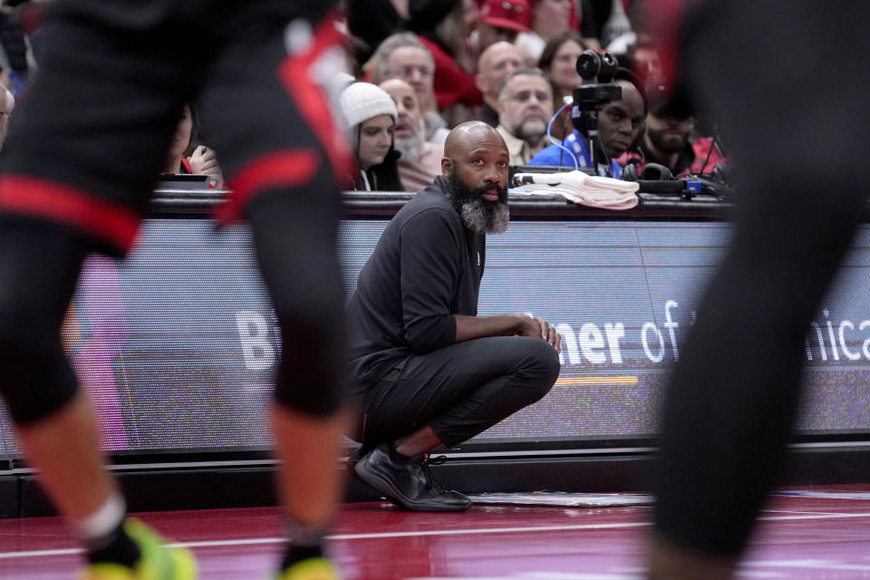 Brooklyn Nets head coach Jacque Vaughn watches his team on offense during the second half of an NBA in-season tournament basketball game against the Chicago Bulls, Friday, Nov. 3, 2023, in Chicago. (AP Photo/Charles Rex Arbogast)