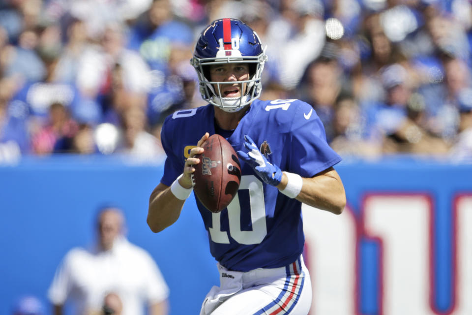 New York Giants quarterback Eli Manning looks to throw during the first half of an NFL football game against the Buffalo Bills, Sunday, Sept. 15, 2019, in East Rutherford, N.J. (AP Photo/Adam Hunger)