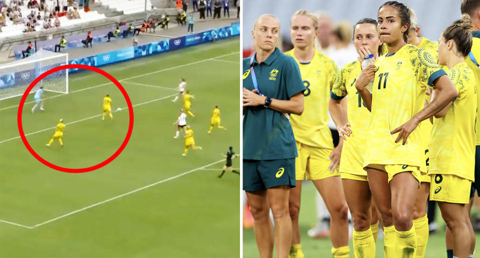 Matildas players look on after their 3-0 loss to Germany at the Olympics.