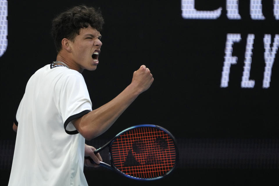 Ben Shelton of the U.S. reacts during his fourth round match against compatriot J.J. Wolf at the Australian Open tennis championship in Melbourne, Australia, Monday, Jan. 23, 2023. (AP Photo/Ng Han Guan)