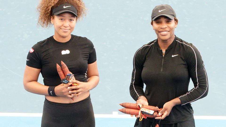 Naomi Osak and Serena Williams, pictured here after their exhibition match in Adelaide.