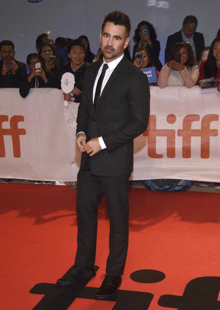 FILE - Colin Farrell attends the premiere for "Widows" on day 3 of the Toronto International Film Festival on Sept. 8, 2018, in Toronto. Farrell turns 45 on May 31. (Photo by Evan Agostini/Invision/AP, File)
