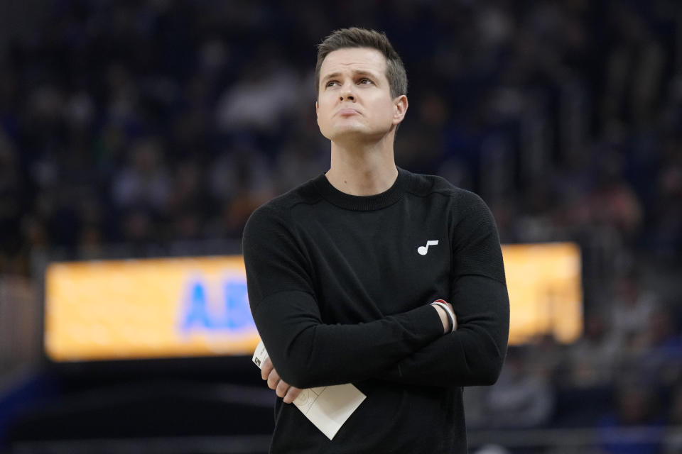 Utah Jazz head coach Will Hardy watches during the first half of the team's NBA basketball game against the Golden State Warriors in San Francisco, Wednesday, Dec. 28, 2022. (AP Photo/Jeff Chiu)