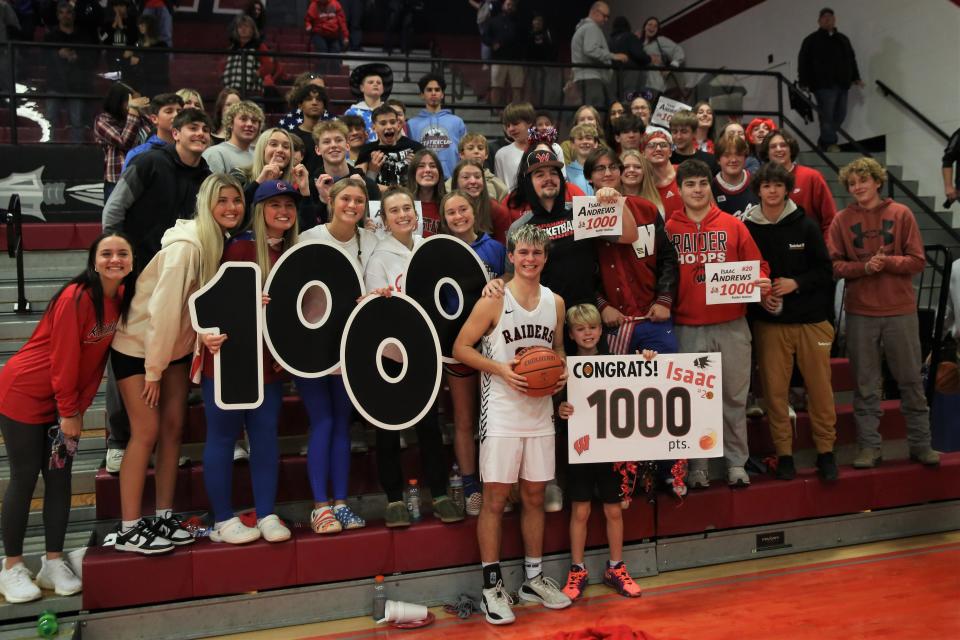 Wapahani boys basketball junior Isaac Andrews scored his 1,000th career point against Pendleton Heights at Wapahani High School on Saturday, Nov. 26, 2022.