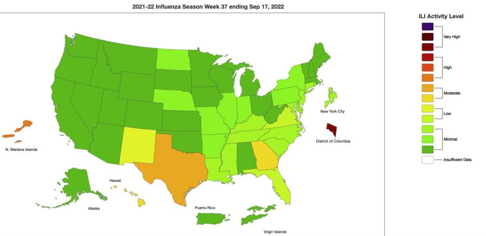 map of US showing flu activity now - with cases in texas, DC
