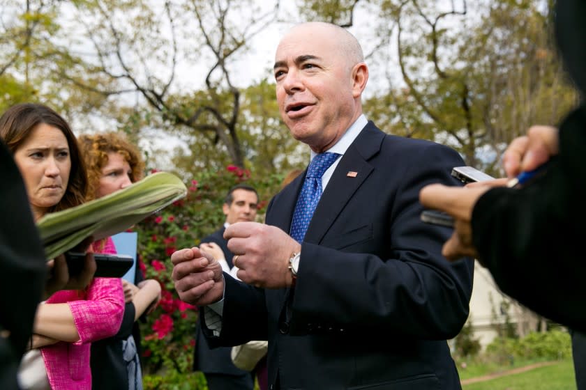 Alejandro Mayorkas, deputy secretary of the U.S. Department of Homeland Security, speaks to reporters after hosting a closed press panel discussion about immigration at the Getty House in Los Angeles.