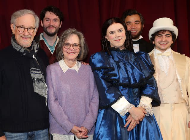 <p>Bruce Glikas/WireImage</p> Steven Spielberg and Sally Field pose with Cole Escola and the cast of 'Oh, Mary!' at The Lucille Lortel Theatre on Feb. 21, 2024 in New York City