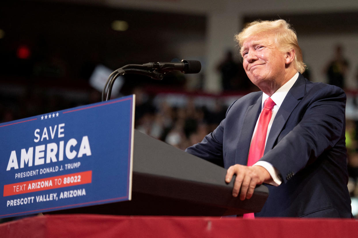 Former U.S. President Donald Trump speaks during a rally ahead of Arizona primary elections, in Prescott Valley, Arizona, U.S., July 22, 2022. REUTERS/Rebecca Noble