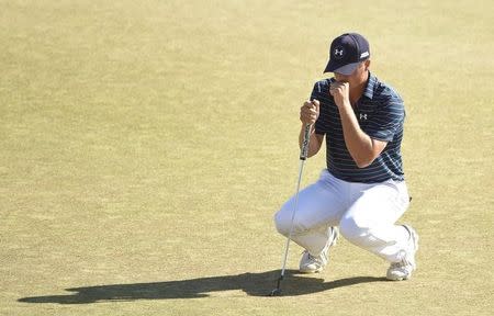 Jun 21, 2015; University Place, WA, USA; Jordan Spieth reacts after missing a putt on the 11th green in the final round of the 2015 U.S. Open golf tournament at Chambers Bay. Mandatory Credit: John David Mercer-USA TODAY Sports