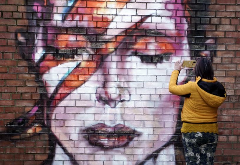 Graffiti of David Bowie in his guise of Ziggy Stardust. Hartlepool, England, February 25, 2021. Photo credit should read: - Credit: Owen Humphreys/PA Wire URN:58282210 (Press Association via AP Images)