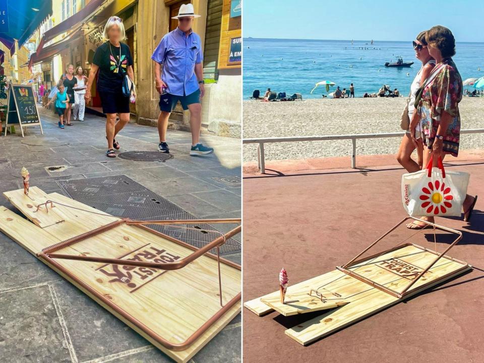 Two side-by-side images of a sculpture shaped like a giant mouse trap with an ice-cream cone on one end and text that reads "Tourist Trap" on the other. Left image is the sculpture in the street with tourists walking behind it. Right image is the sculpture on a beach boardwalk as people pass by with the beach and ocean in the background