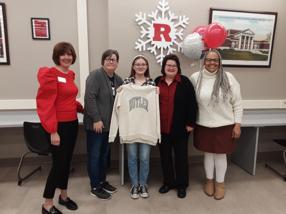 Richmond High School senior Olivia Dudas (center) was one of two Wayne County recipients of the 2024 Lilly Endowment Community Scholarship, Wednesday, Dec. 6, 2023. From left are Wayne County Foundation Executive Director of Wayne County Foundation Rebecca Gilliam, aunt Elise Hansel, Olivia, mother Andrea Dudas and Wayne County Foundation Nonprofit Relationship Manager Kelley Cruse-Nicholson.