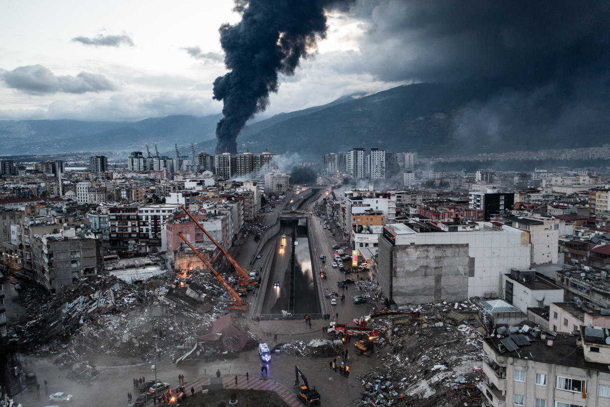 Smoke billows from the port of Iskenderun, Turkey, after an earthquake.