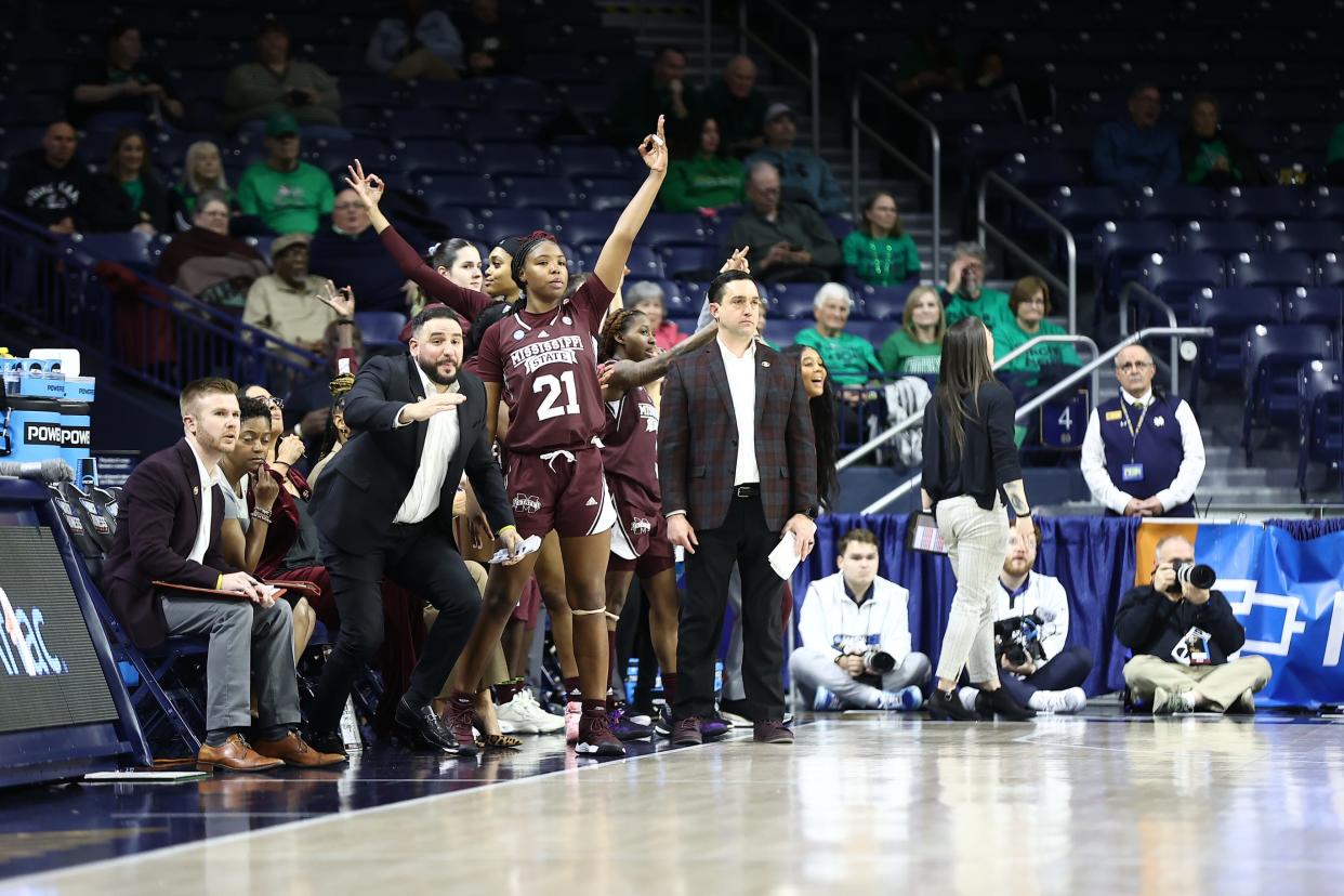 Mississippi State women's basketball assistant coach Gabe Lazo looks on during his team's game against Creighton inside Purcell Pavilion on March 17, 2023.