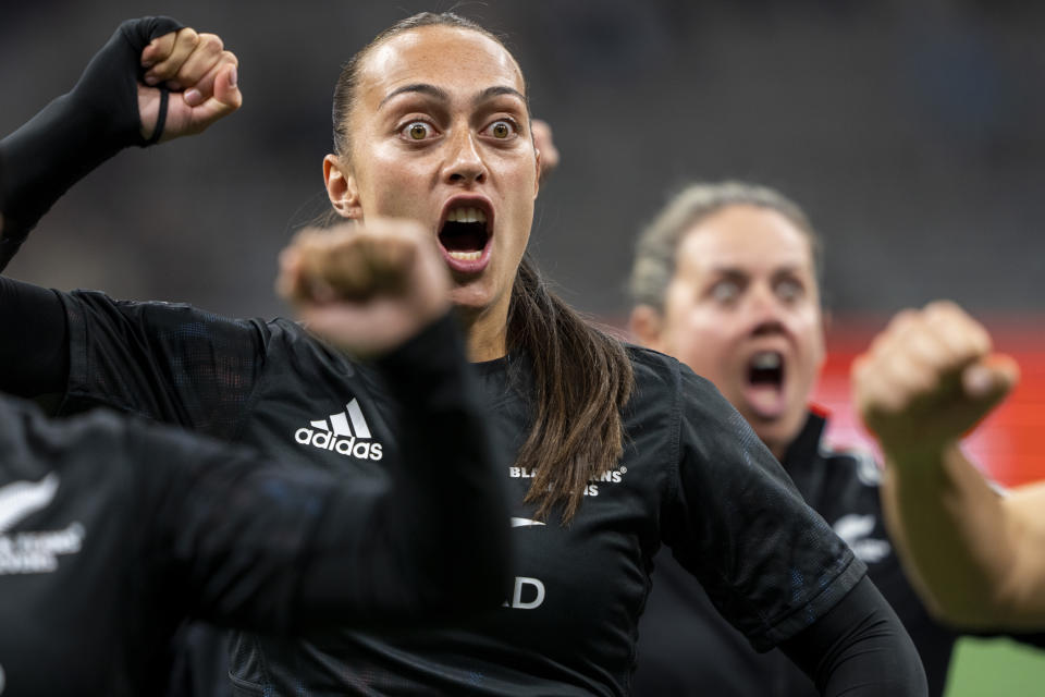 New Zealand's Shiray Kaka and teammates perform a Haka after defeating France during gold-medal Vancouver Sevens rugby match action in Vancouver, British Columbia, Sunday, Feb. 25, 2024. (Ethan Cairns/The Canadian Press via AP)