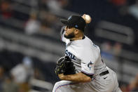 Miami Marlins relief pitcher Yimi Garcia throws during the 10th inning of the team's baseball game against the Washington Nationals, Wednesday, July 21, 2021, in Washington. The Marlins won 3-1. (AP Photo/Nick Wass)