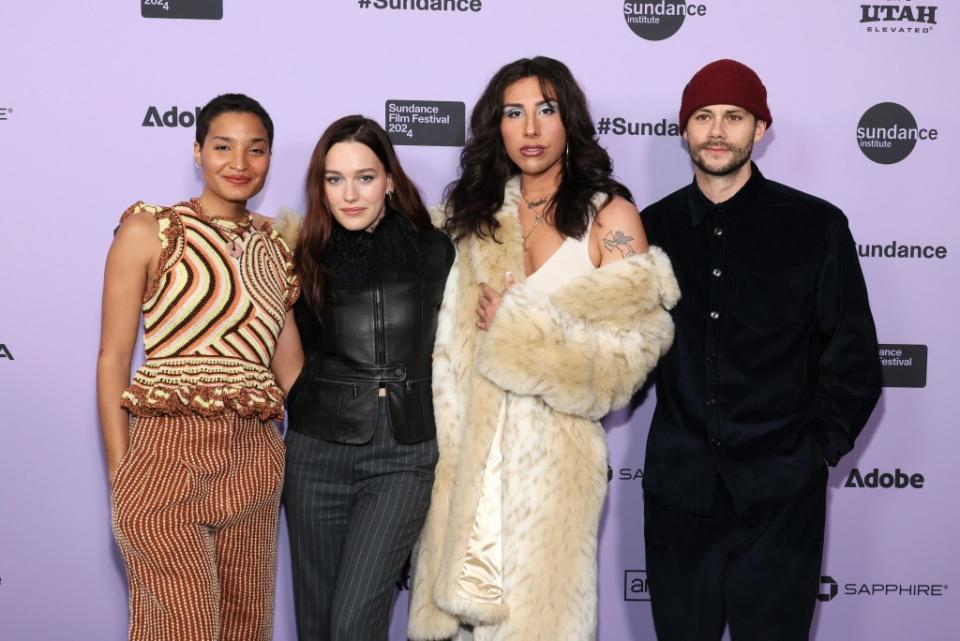 Indya Moore, Victoria Pedretti, River Gallo and Dylan O’Brien attend the "Ponyboi" Premiere during the 2024 Sundance Film Festival at Library Center Theatre on January 20, 2024 in Park City, Utah.