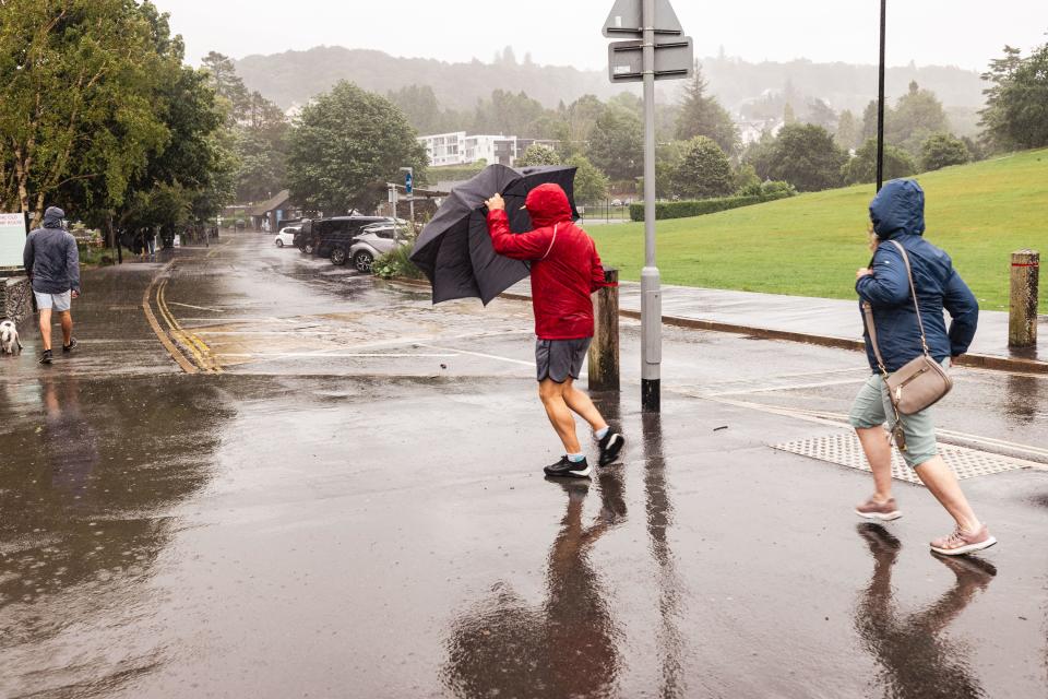Cumbria, UK. 2nd July, 2023. Weather Sudden heavy rain showers tourist run for cover while local Canada Geese enjoy the weather by the lake. Lake District . Bowness Bay on Lake Windermere Credit: Gordon Shoosmith/Alamy Live News