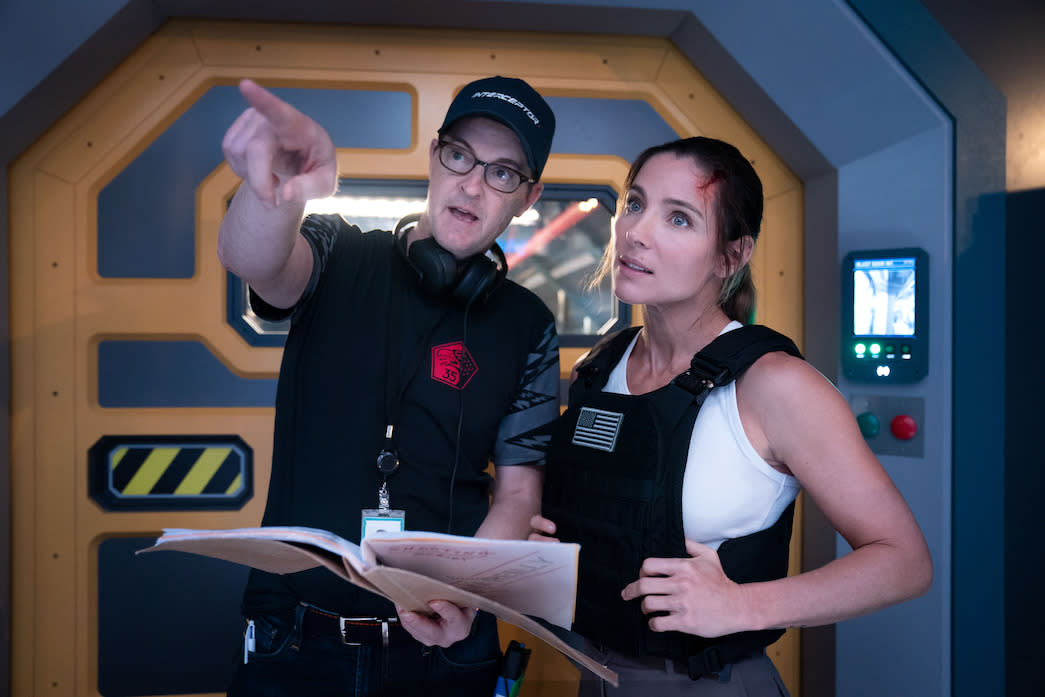 Director Matthew Reilly and star Elsa Pataky on the set of 'Interceptor' (Netflix)