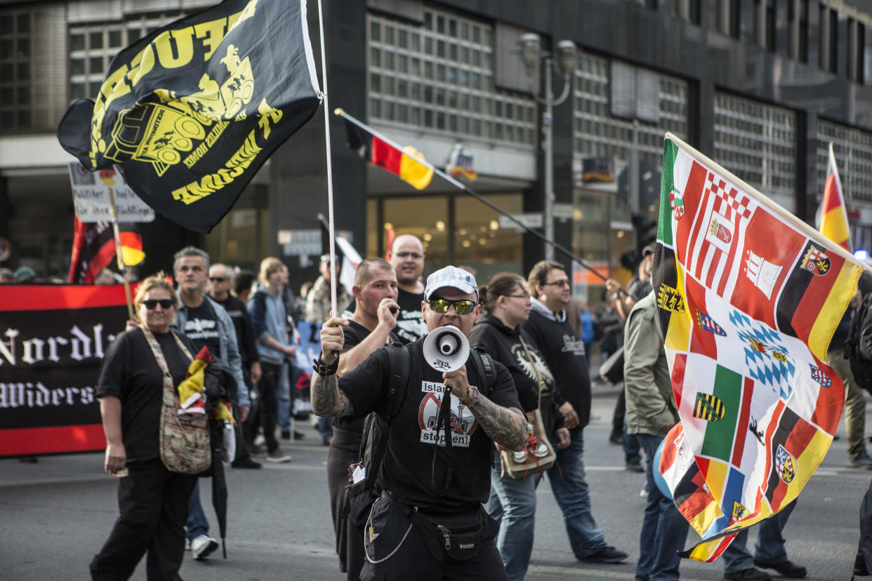 Hundreds of protesters linked to the far-right during an anti-Merkel march earlier this month (Omer Messinger/NurPhoto via Getty Images)