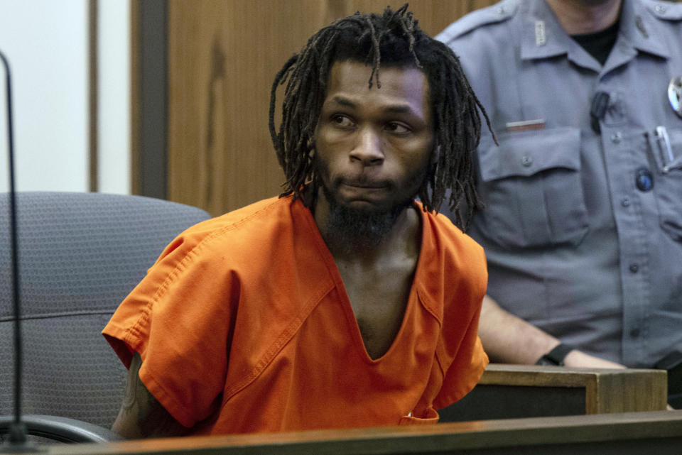 Nicholas Jordan, 25, appears for a hearing at the El Paso County 4th Judicial Court, Friday, Feb. 23, 2024, in Colorado Springs Colo. Jordan was arrested Monday, Feb. 19, in the deaths of his roommate, Samuel Knopp, 24, and Celie Rain Montgomery, 26, at the University of Colorado Colorado Springs. (Parker Seibold/The Gazette via AP, Pool)