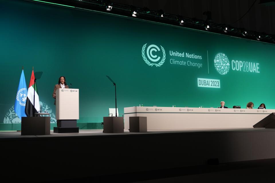 Vice President Kamala Harris speaks during a plenary session at the COP28 U.N. Climate Summit, Saturday, Dec. 2, 2023, in Dubai, United Arab Emirates. (AP Photo/Kamran Jebreili)
