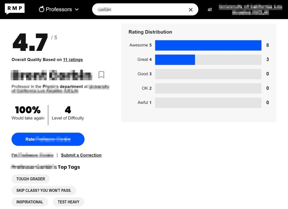 screenshot of Rate My Professor site