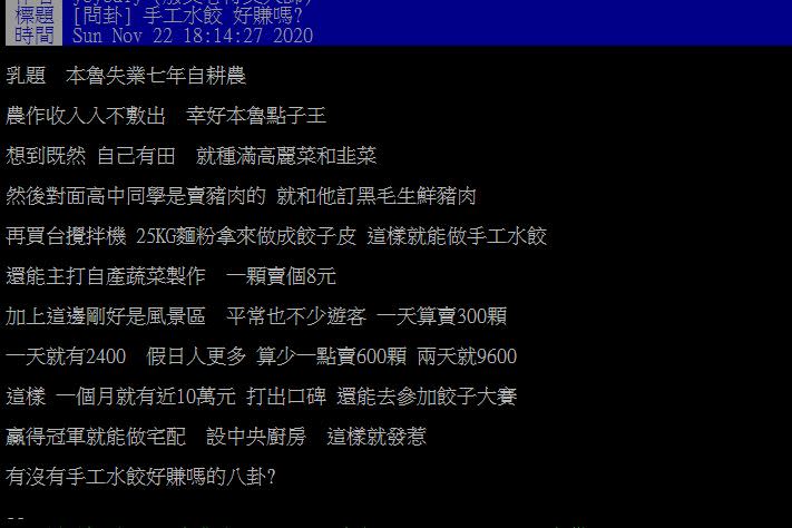 網友貼文發問「手工水餃好賺嗎？」（圖／翻攝自PTT）