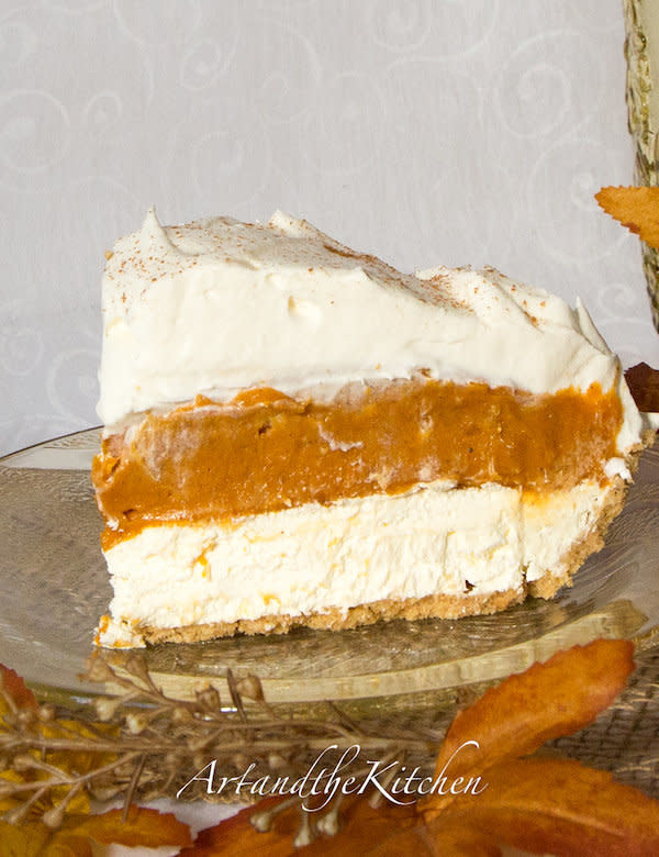 This pie may look fancy, but in fact, it could be the easiest and fastest pumpkin pie you ever make.  <a href="http://www.artandthekitchen.com/2013/09/no-bake-triple-layer-pumpkin-pie.html" target="_blank">Find the recipe at Art and the Kitchen</a>.