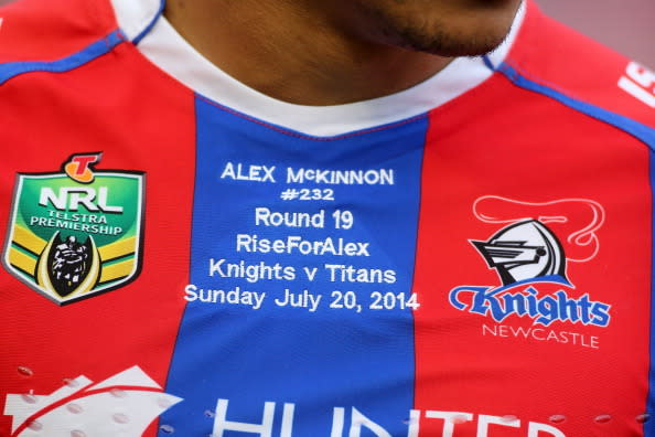 'Rise for Alex' insignia on a Knights player's jersey.